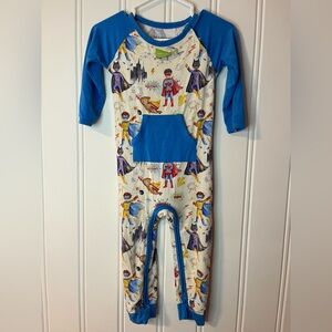 Blue Superhero Print Kids One-Piece Romper the sleepy sloth longall